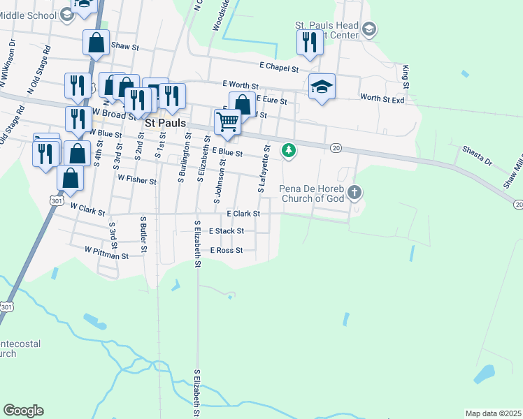 map of restaurants, bars, coffee shops, grocery stores, and more near 601 East Clark Street in Saint Pauls