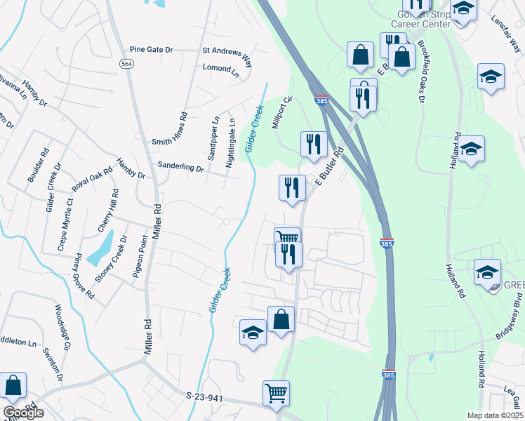 map of restaurants, bars, coffee shops, grocery stores, and more near 412 Woodbark Court in Mauldin