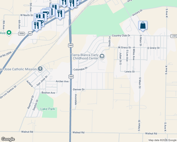 map of restaurants, bars, coffee shops, grocery stores, and more near 823 Columbia Drive in Hereford