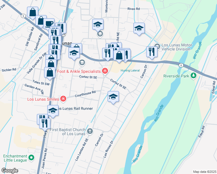 map of restaurants, bars, coffee shops, grocery stores, and more near 520 Los Lentes Road Southeast in Los Lunas