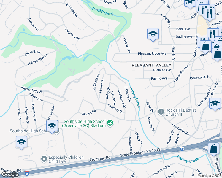 map of restaurants, bars, coffee shops, grocery stores, and more near 111 Daisy Drive in Greenville