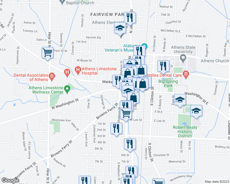 map of restaurants, bars, coffee shops, grocery stores, and more near 407 West Washington Street in Athens