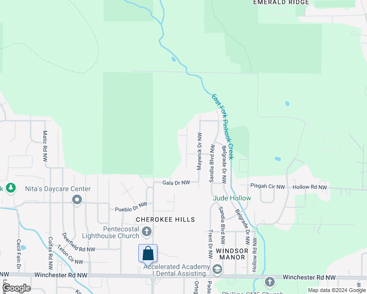 map of restaurants, bars, coffee shops, grocery stores, and more near 6217 Menifee Drive Northwest in Huntsville