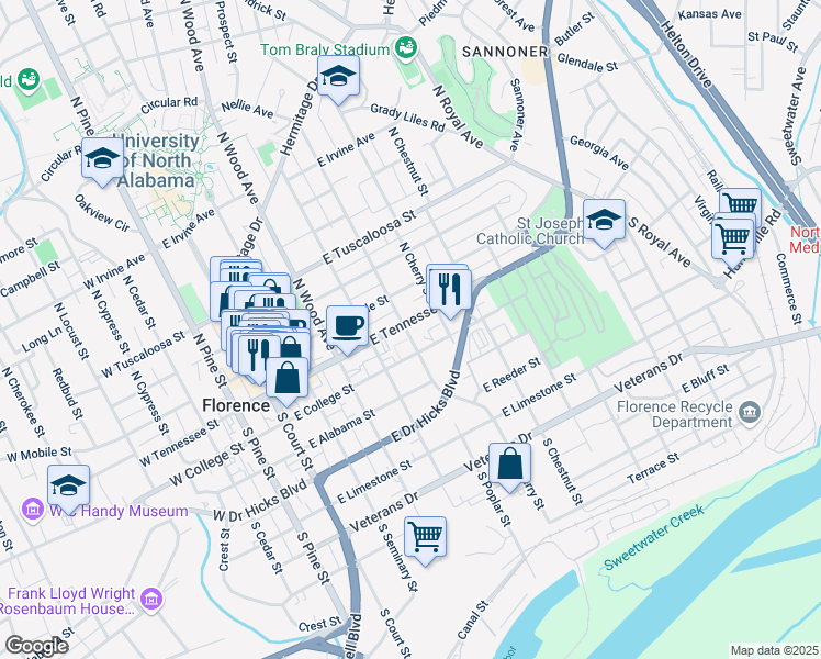 map of restaurants, bars, coffee shops, grocery stores, and more near 500 East Tennessee Street in Florence