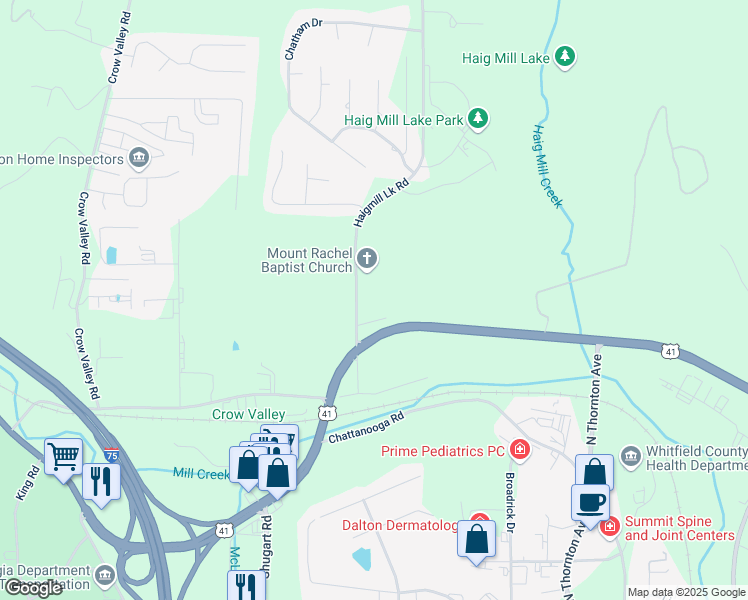 map of restaurants, bars, coffee shops, grocery stores, and more near 332 Haig Mill Lake Road in Dalton
