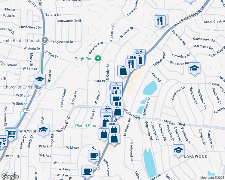 map of restaurants, bars, coffee shops, grocery stores, and more near 5217 North Walnut Road in North Little Rock