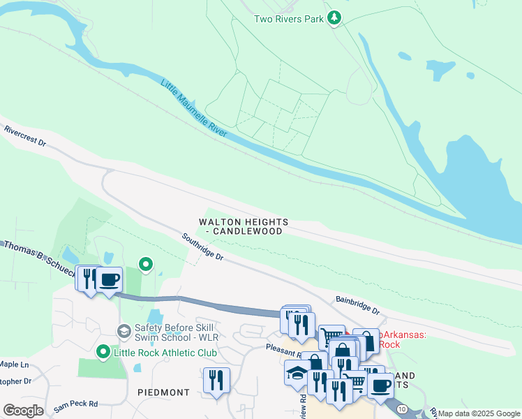 map of restaurants, bars, coffee shops, grocery stores, and more near 12060 Rivercrest Drive in Little Rock