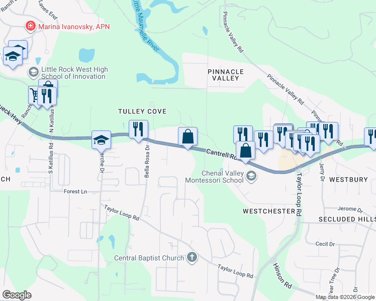 map of restaurants, bars, coffee shops, grocery stores, and more near 15800 Arkansas 10 in Little Rock