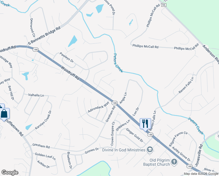 map of restaurants, bars, coffee shops, grocery stores, and more near 3203 Woodruff Road in Simpsonville