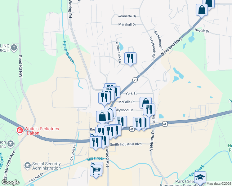 map of restaurants, bars, coffee shops, grocery stores, and more near 116 Pritchard Drive in Dalton