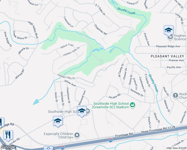 map of restaurants, bars, coffee shops, grocery stores, and more near 114 Hidden Hills Drive in Greenville