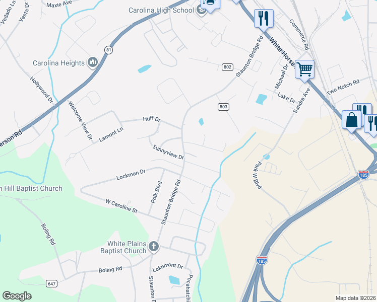 map of restaurants, bars, coffee shops, grocery stores, and more near 7 Misty Creek Lane in Greenville