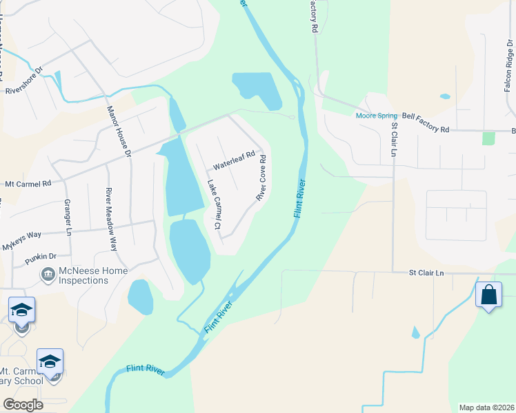 map of restaurants, bars, coffee shops, grocery stores, and more near 265 River Cove Road in Huntsville