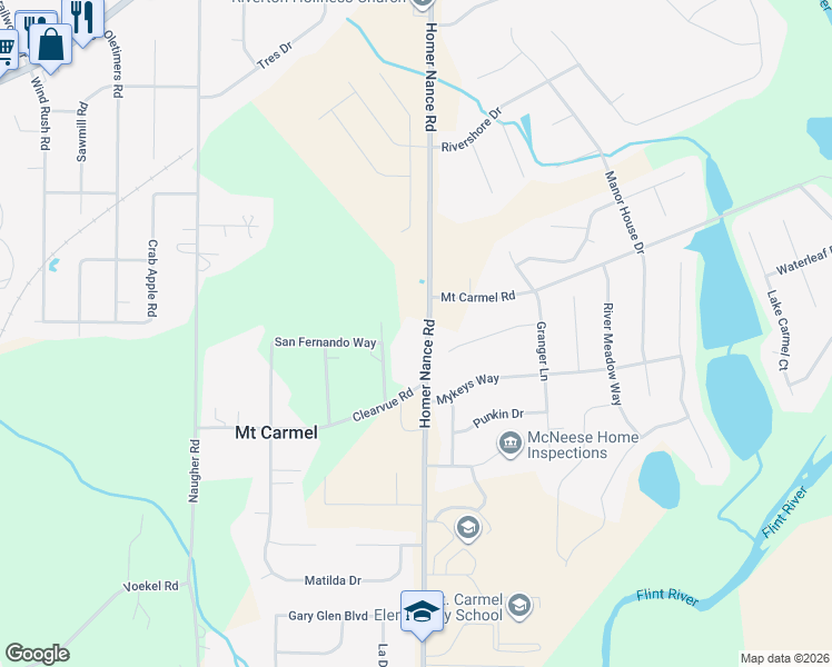 map of restaurants, bars, coffee shops, grocery stores, and more near 633 Homer Nance Road in Huntsville