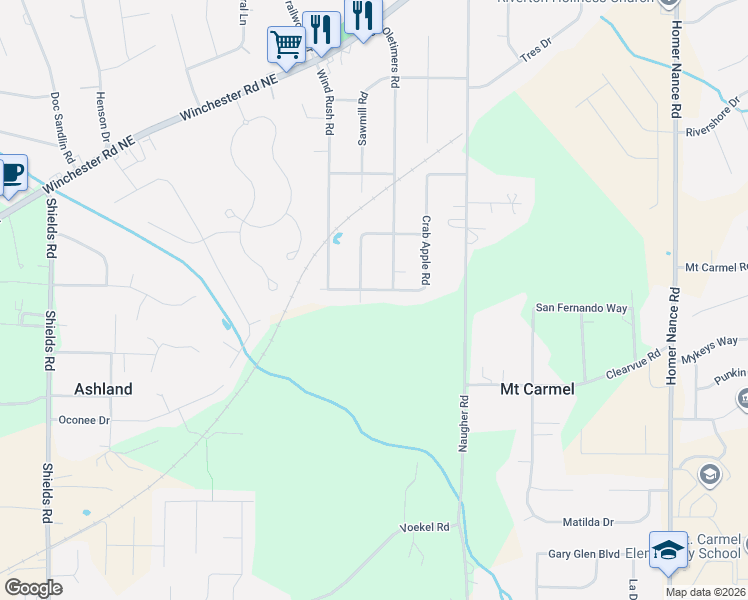 map of restaurants, bars, coffee shops, grocery stores, and more near 153 Crab Apple Road in Huntsville