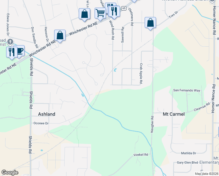 map of restaurants, bars, coffee shops, grocery stores, and more near 161 Crab Apple Road in Huntsville