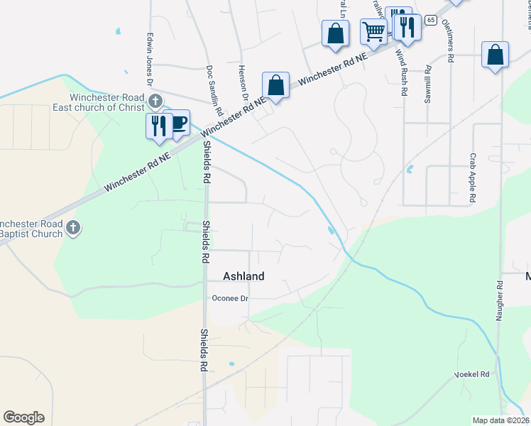 map of restaurants, bars, coffee shops, grocery stores, and more near 113 Meadow Run in Huntsville
