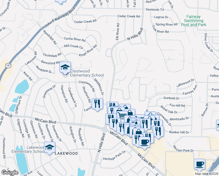 map of restaurants, bars, coffee shops, grocery stores, and more near 5205 North Hills Boulevard in North Little Rock