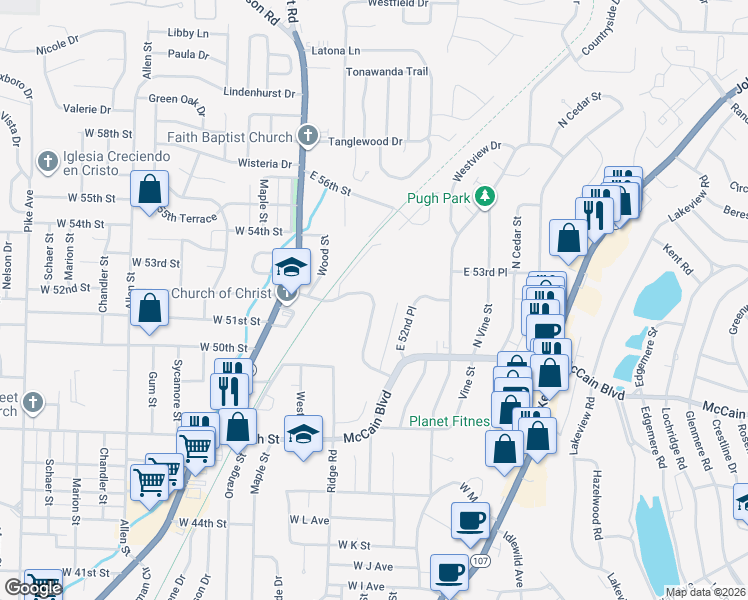 map of restaurants, bars, coffee shops, grocery stores, and more near 5081 Highcliff Drive in North Little Rock