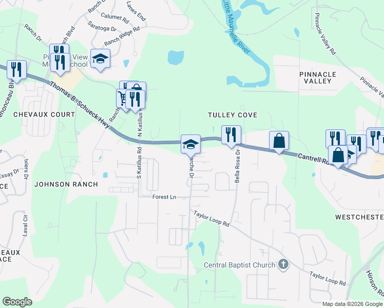 map of restaurants, bars, coffee shops, grocery stores, and more near 16924 Taylor Loop Road in Little Rock