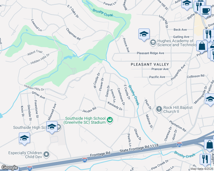 map of restaurants, bars, coffee shops, grocery stores, and more near 26 Flower Drive in Greenville