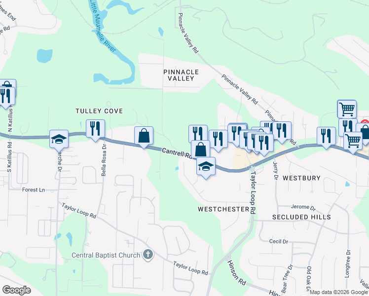 map of restaurants, bars, coffee shops, grocery stores, and more near 15122 Cantrell Road in Little Rock