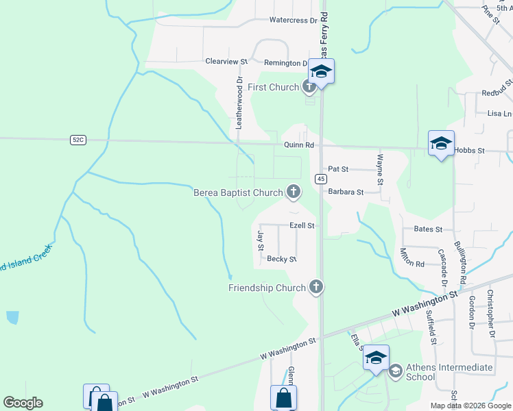 map of restaurants, bars, coffee shops, grocery stores, and more near 16779 Lucas Ferry Road in Athens