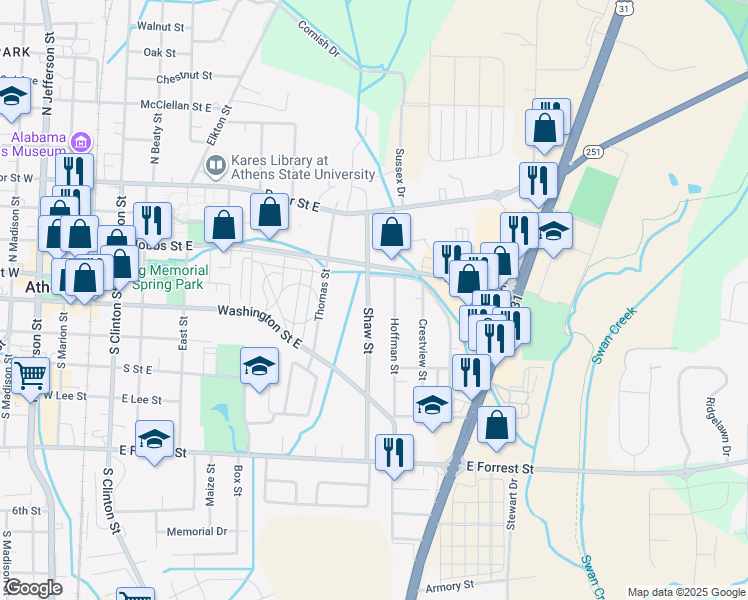 map of restaurants, bars, coffee shops, grocery stores, and more near 301 Shaw Street in Athens