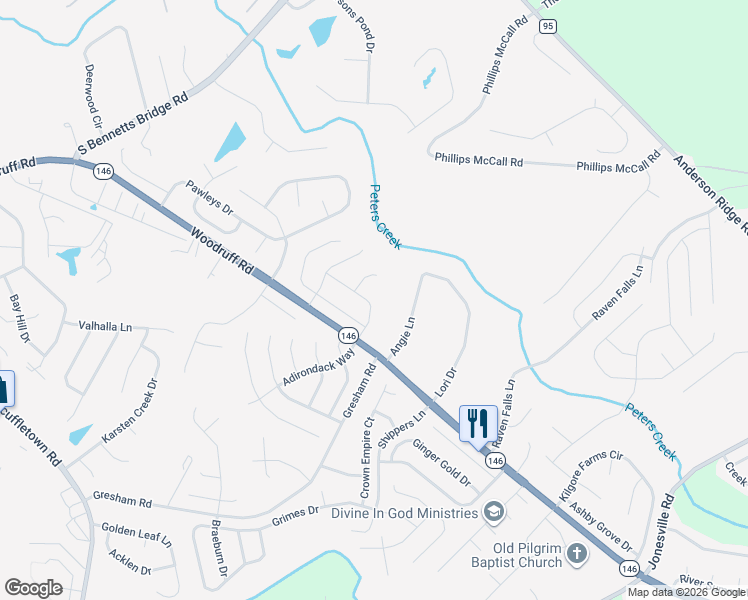 map of restaurants, bars, coffee shops, grocery stores, and more near 3203 Woodruff Road in Simpsonville
