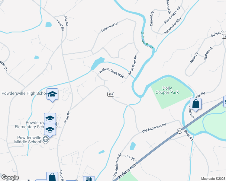 map of restaurants, bars, coffee shops, grocery stores, and more near 124 Birch River Road in Greenville