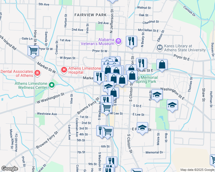 map of restaurants, bars, coffee shops, grocery stores, and more near 310 West Washington Street in Athens