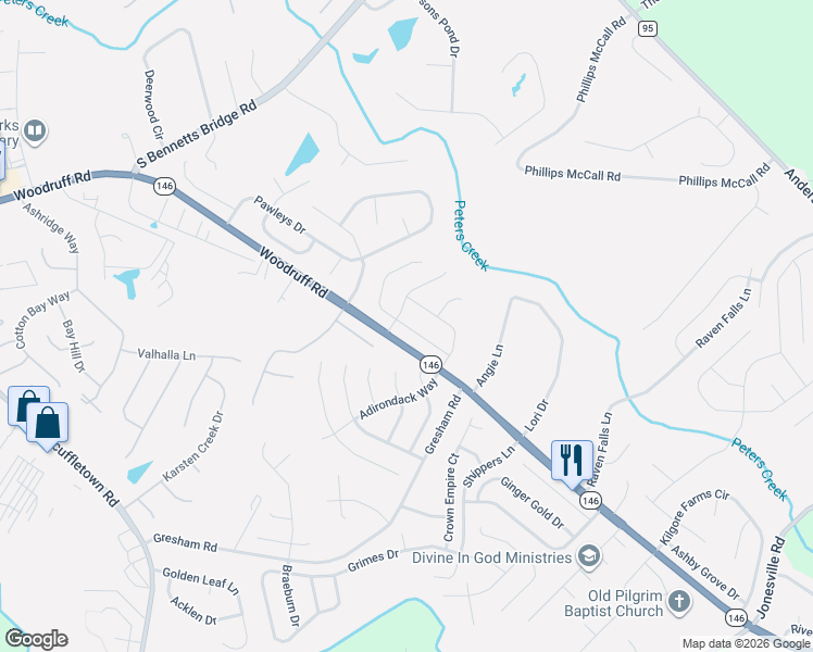 map of restaurants, bars, coffee shops, grocery stores, and more near 318 Nebbiolo Lane in Simpsonville