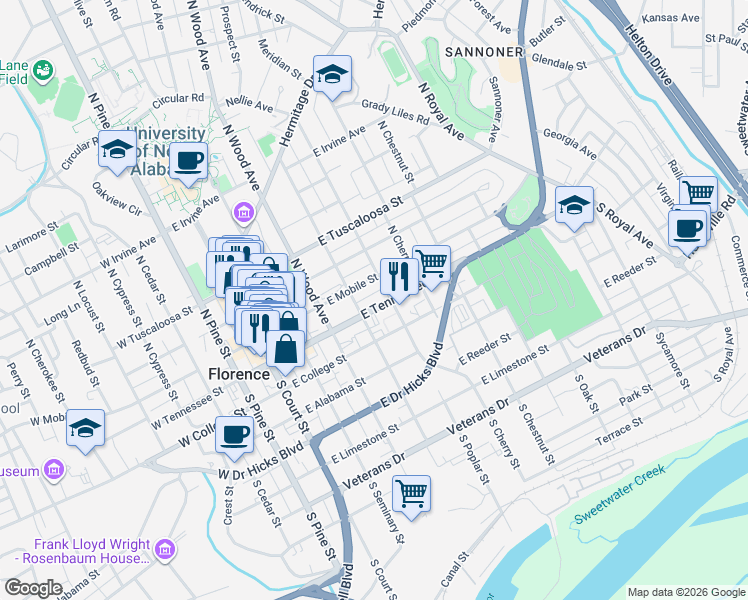 map of restaurants, bars, coffee shops, grocery stores, and more near 409 East Mobile Street in Florence