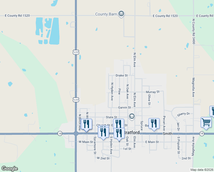 map of restaurants, bars, coffee shops, grocery stores, and more near 708 Raben Drive in Stratford