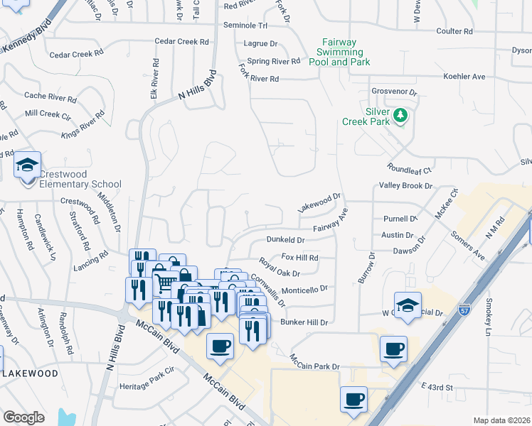 map of restaurants, bars, coffee shops, grocery stores, and more near 3012 Timber Creek Drive in North Little Rock