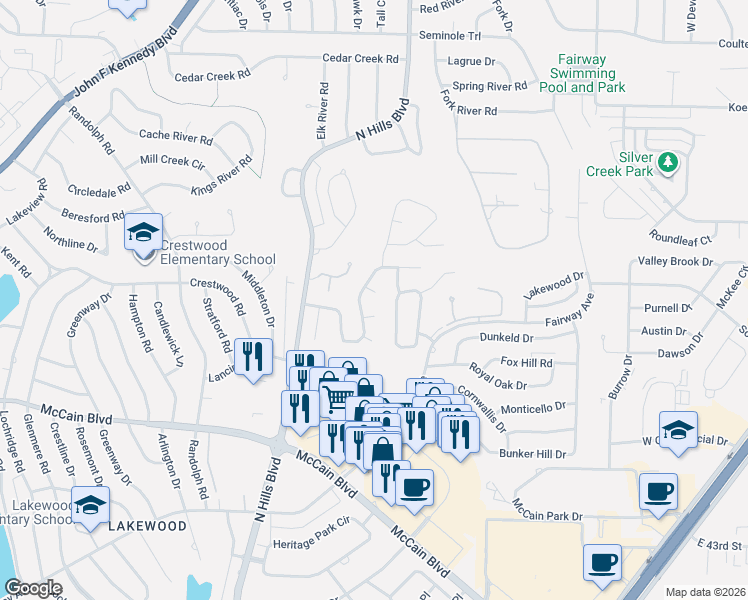 map of restaurants, bars, coffee shops, grocery stores, and more near 2713 Calico Creek Drive in North Little Rock