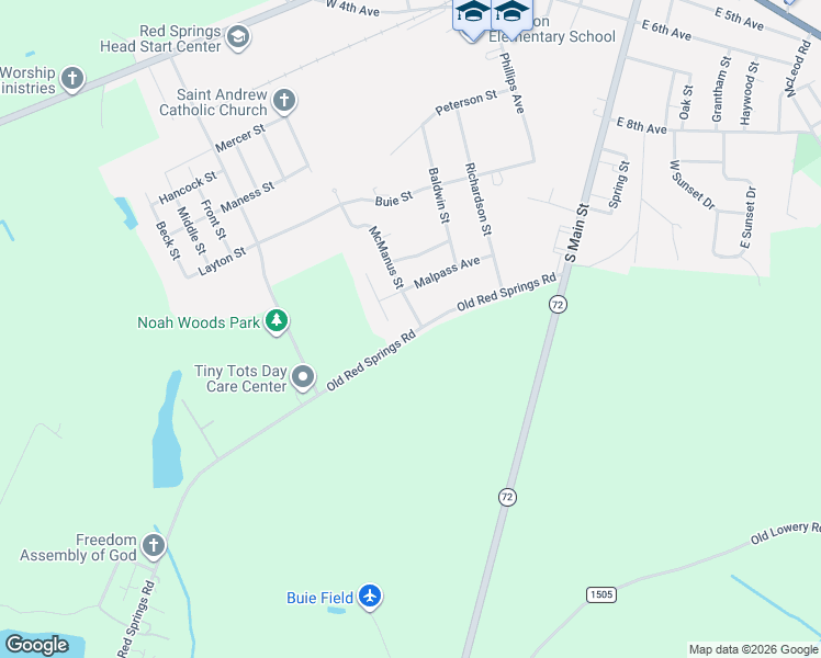 map of restaurants, bars, coffee shops, grocery stores, and more near 304 McManus Street in Red Springs