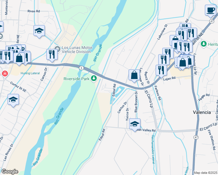 map of restaurants, bars, coffee shops, grocery stores, and more near 1703 Main Street Northeast in Los Lunas
