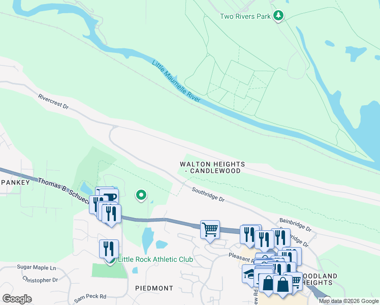 map of restaurants, bars, coffee shops, grocery stores, and more near 12300 Rivercrest Drive in Little Rock