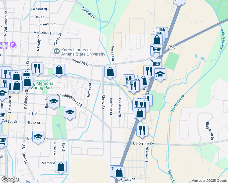 map of restaurants, bars, coffee shops, grocery stores, and more near 301 Hoffman Street in Athens