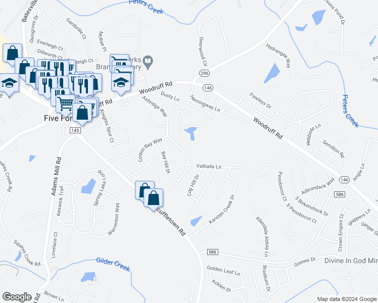map of restaurants, bars, coffee shops, grocery stores, and more near 219 Ashridge Way in Simpsonville