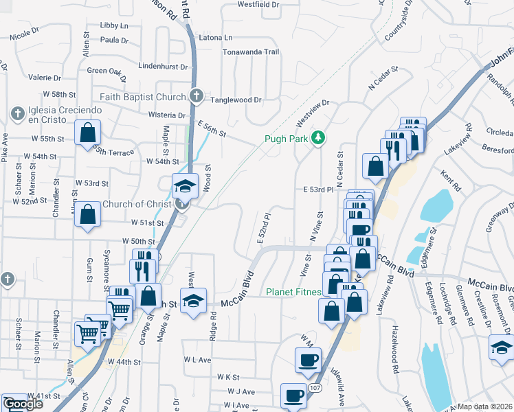 map of restaurants, bars, coffee shops, grocery stores, and more near 5081 Highcliff Drive in North Little Rock