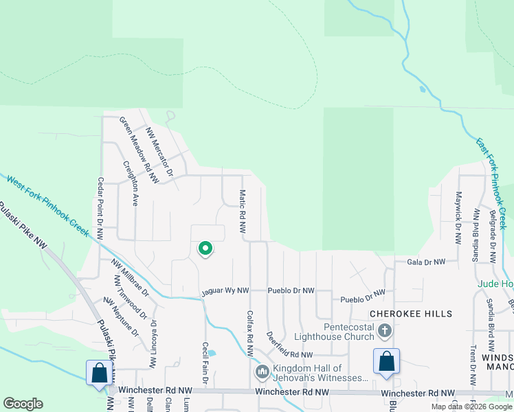 map of restaurants, bars, coffee shops, grocery stores, and more near 3415 Deerfield Road Northwest in Huntsville