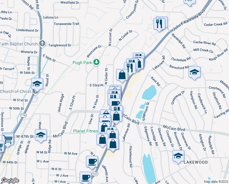 map of restaurants, bars, coffee shops, grocery stores, and more near 5217 North Walnut Road in North Little Rock
