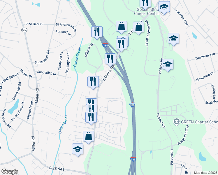 map of restaurants, bars, coffee shops, grocery stores, and more near 850 E Butler Rd in Mauldin