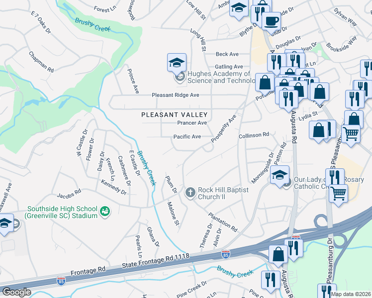 map of restaurants, bars, coffee shops, grocery stores, and more near 25 Pacific Avenue in Greenville