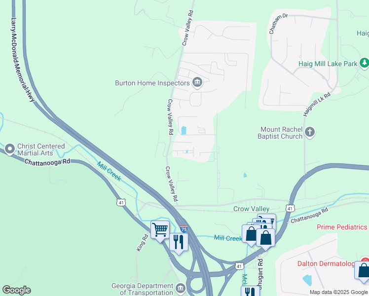 map of restaurants, bars, coffee shops, grocery stores, and more near 4 Crow Valley Road in Dalton