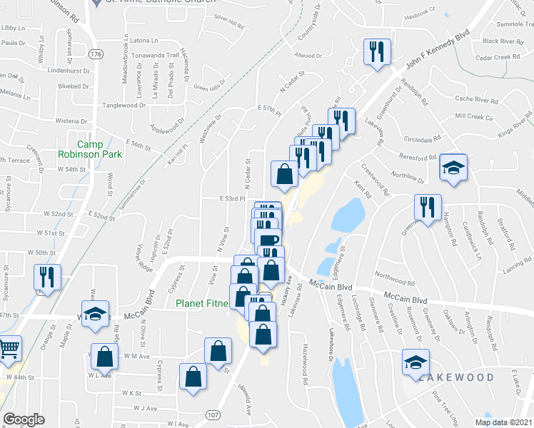 map of restaurants, bars, coffee shops, grocery stores, and more near 5217 North Walnut Road in North Little Rock