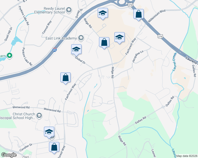 map of restaurants, bars, coffee shops, grocery stores, and more near 221 Fairforest Way in Greenville