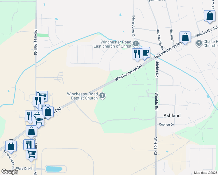 map of restaurants, bars, coffee shops, grocery stores, and more near 1260 Winchester Road Northeast in Huntsville